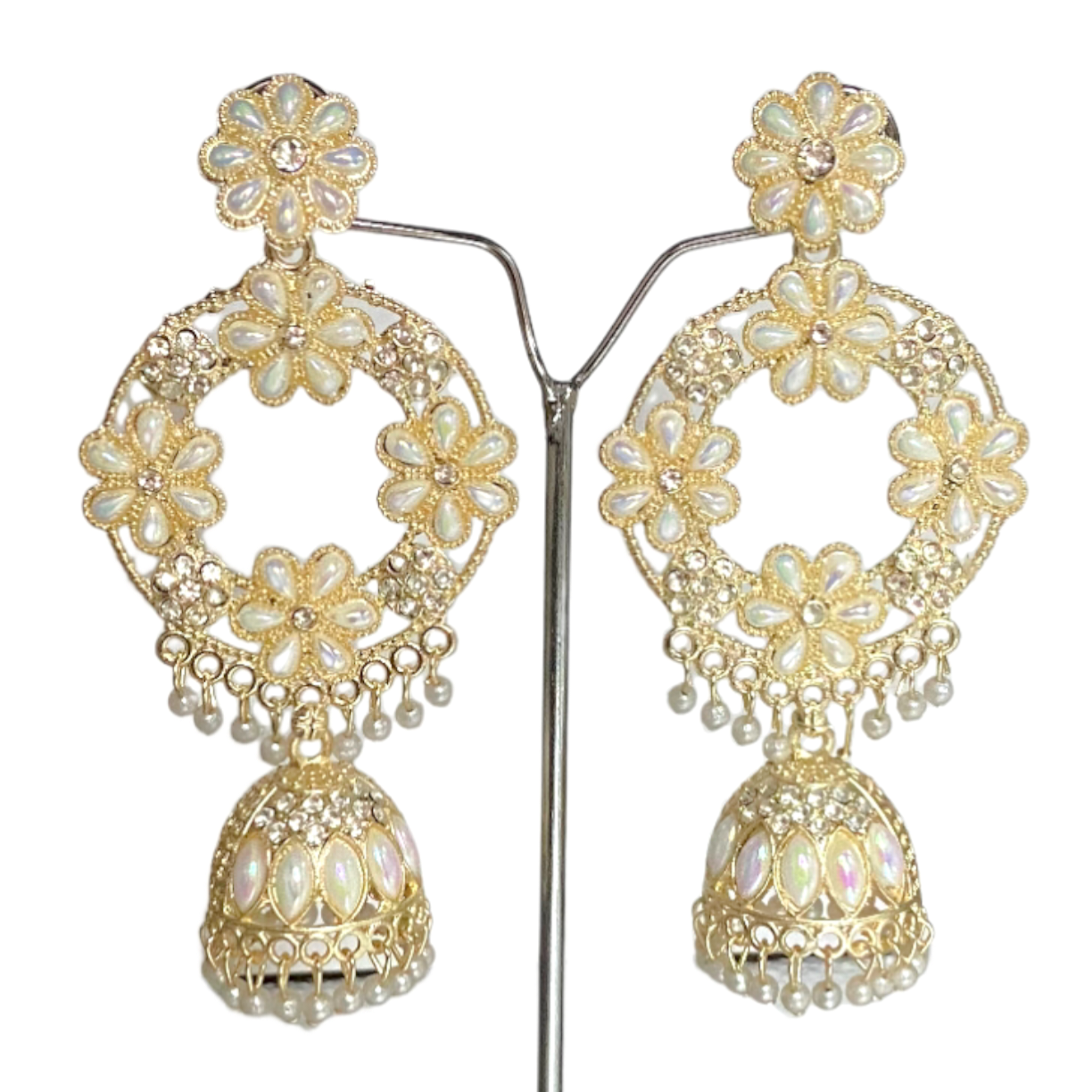 Pearl Studded Circular White Gold Earrings