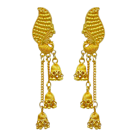 Elegant Peacock Studded Gold Earrings with Dangling layerd chain