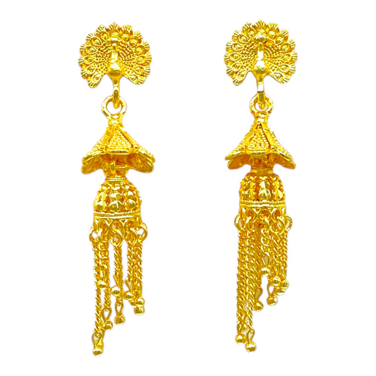 Gold peacock Studded Earrings with Layered Zumkha and Hanging Chain