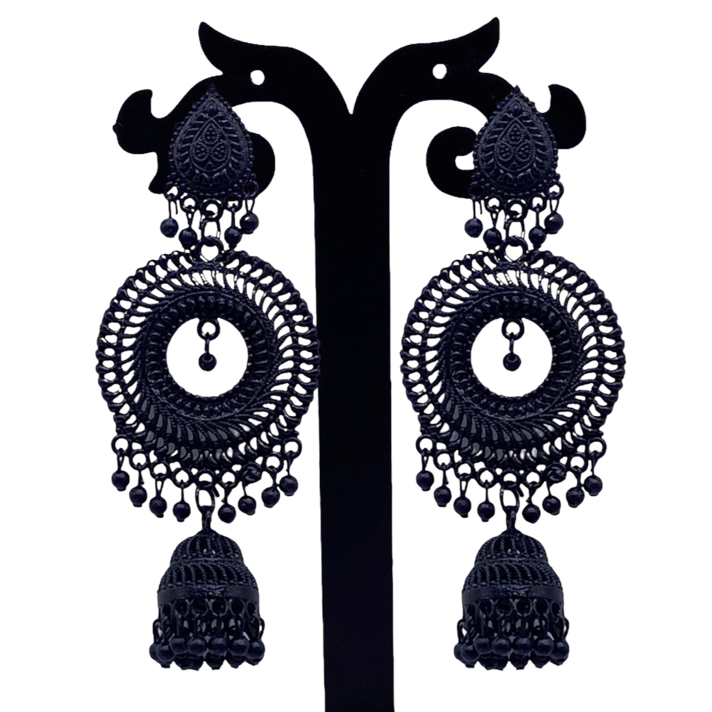 All Black Earrings with Circular Design and Zumkhi