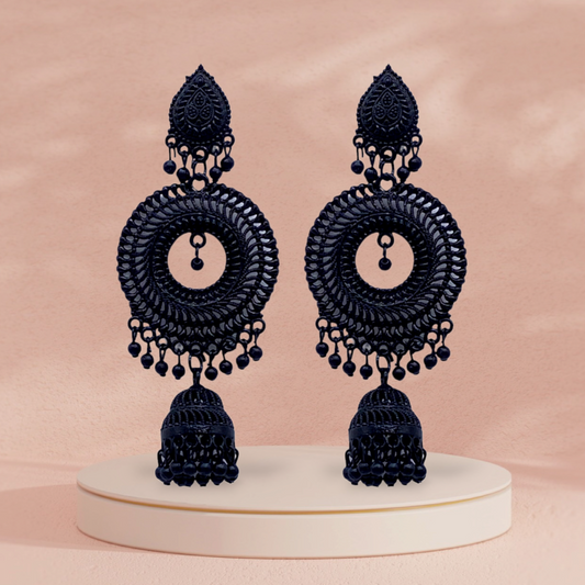 All Black Earrings with Circular Design and Zumkhi