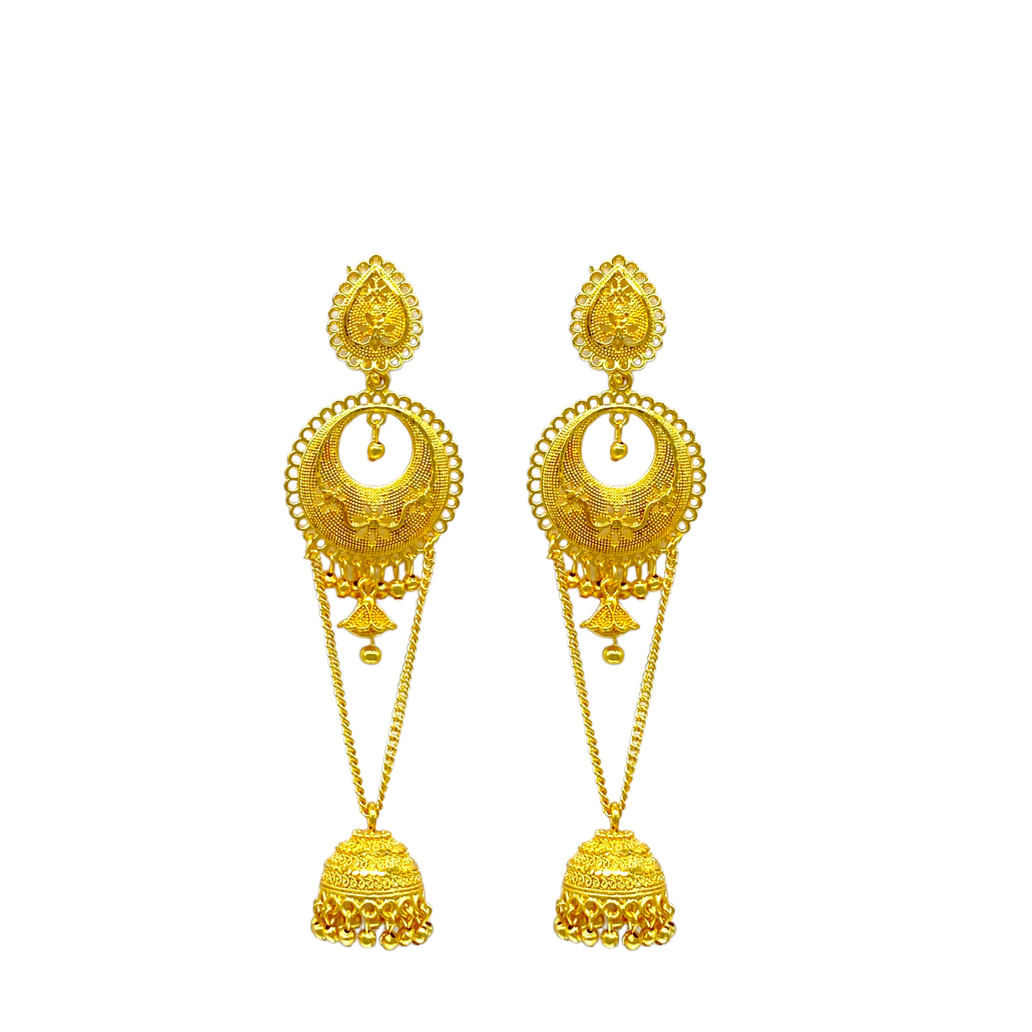 Gold Chandbali Earrings with chain hanging and zumkhi