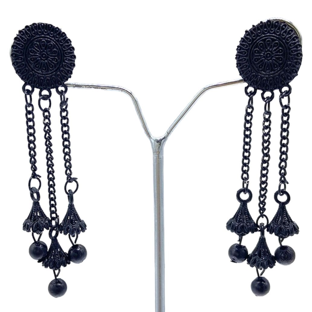 Circular Studded All Black Classy Dangling Earrings