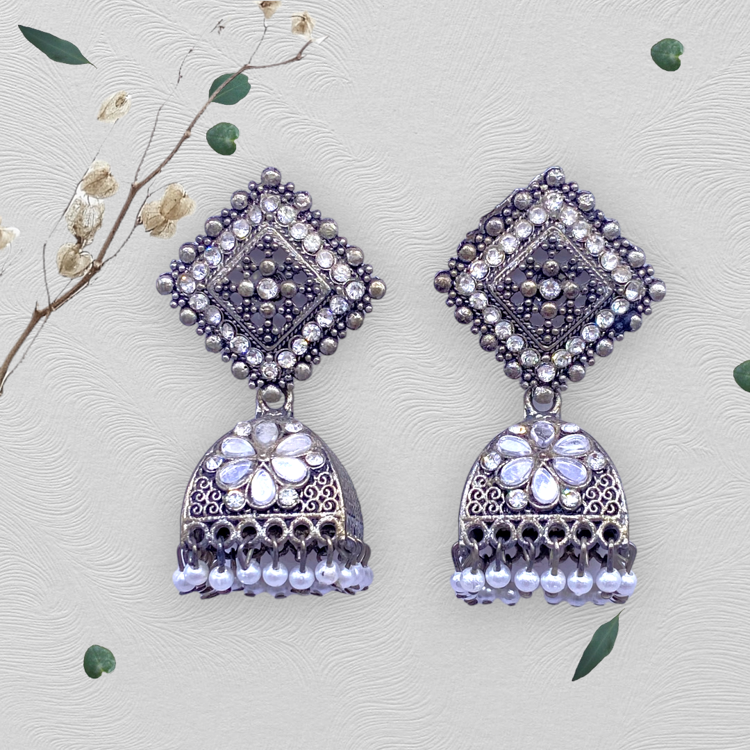 Square Head Oxidised Zumkha Earring with Mirror