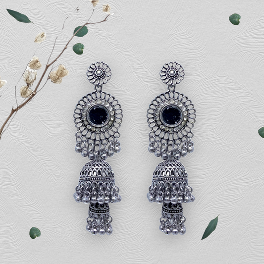 Mirror Studed Dual Zumkhi Oxidised Earrings