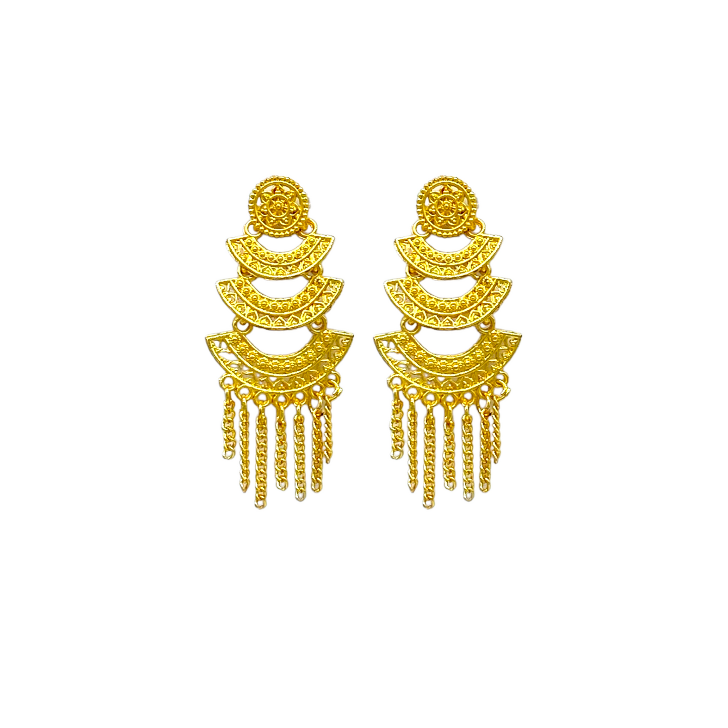 Gold Earrings with small triple layered curved design and chain tassel