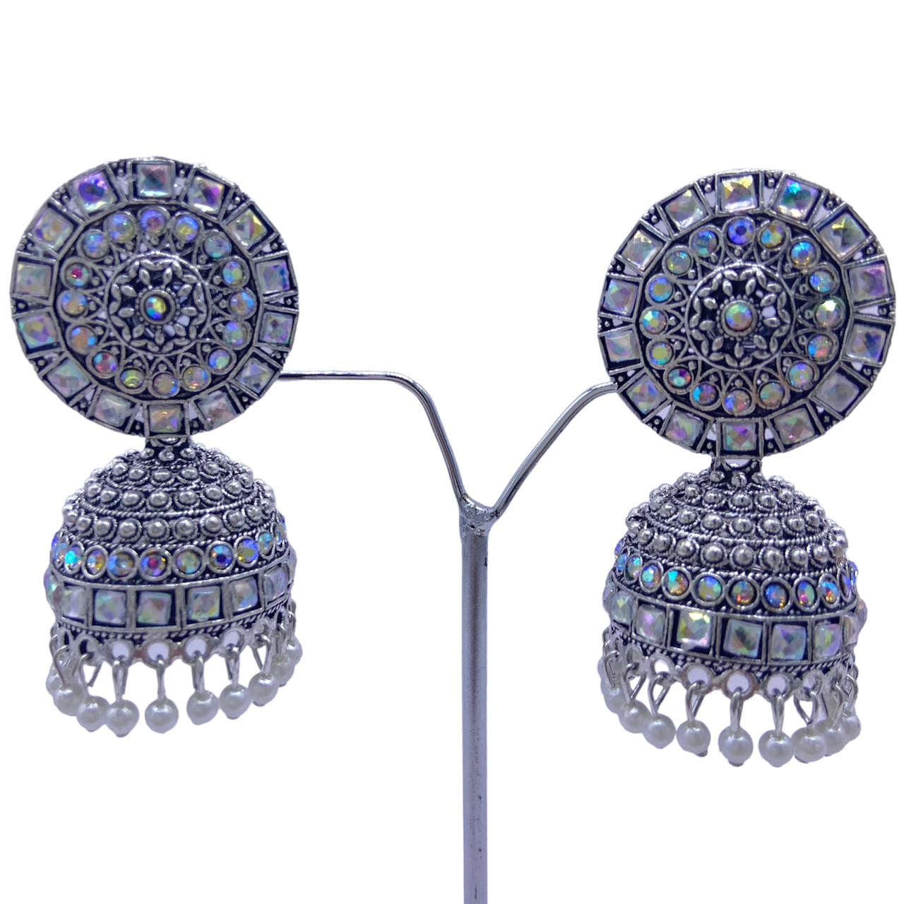 Square Stone Studded Oxidised Zumkha Earrings