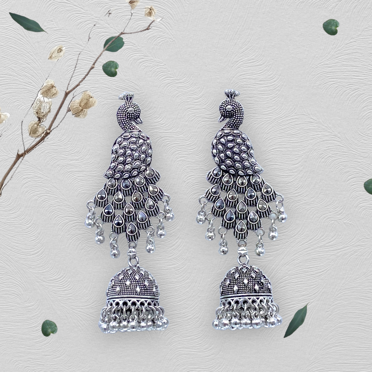 Peacock with  Feather Oxidised Earrings