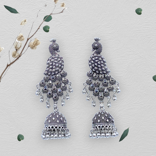 Peacock with  Feather Oxidised Earrings