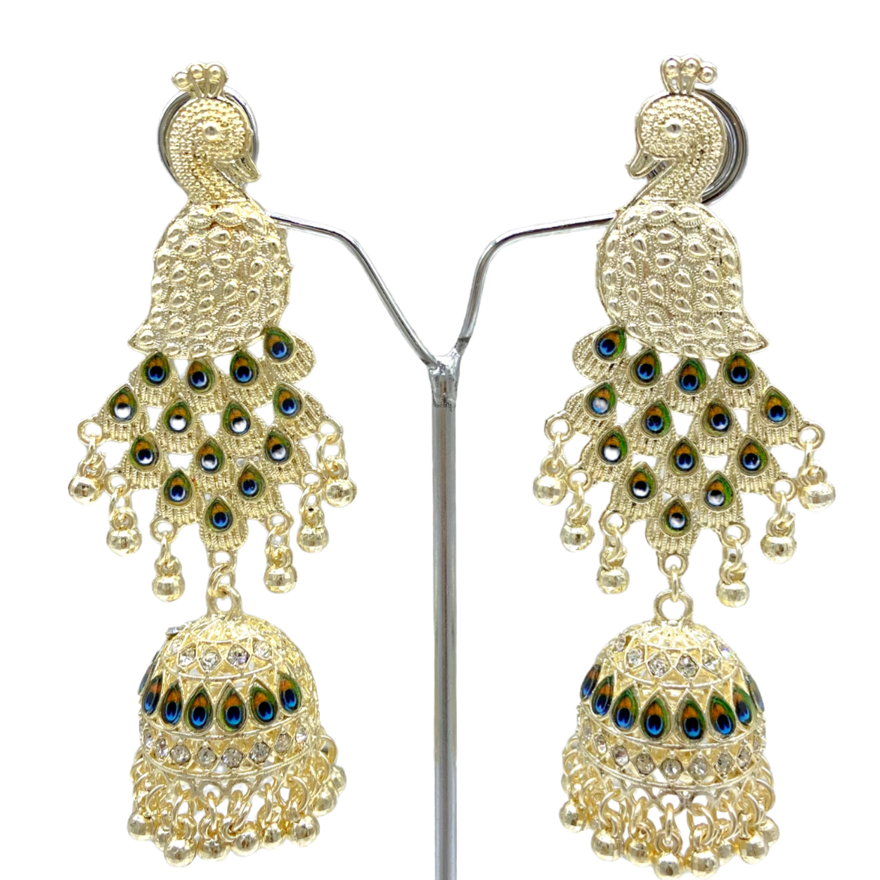 Peacock with Feather Design  White Gold Earrings