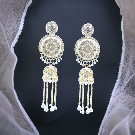 Circular White Gold Earrings with Zumkhi and long tassel