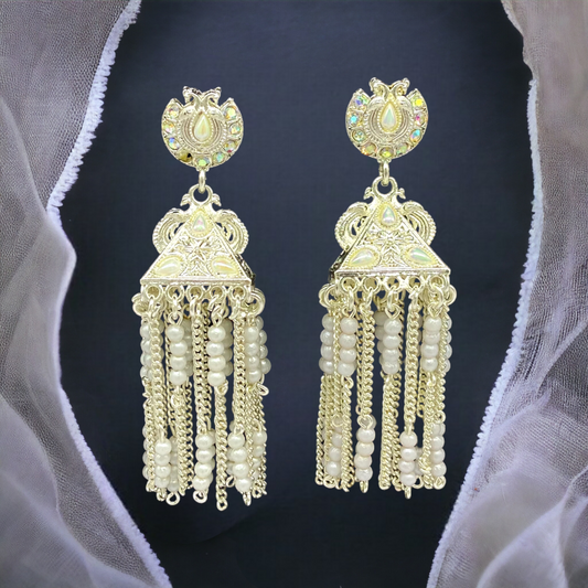 White Gold Earring with Square Zumkha and Hanging Chain