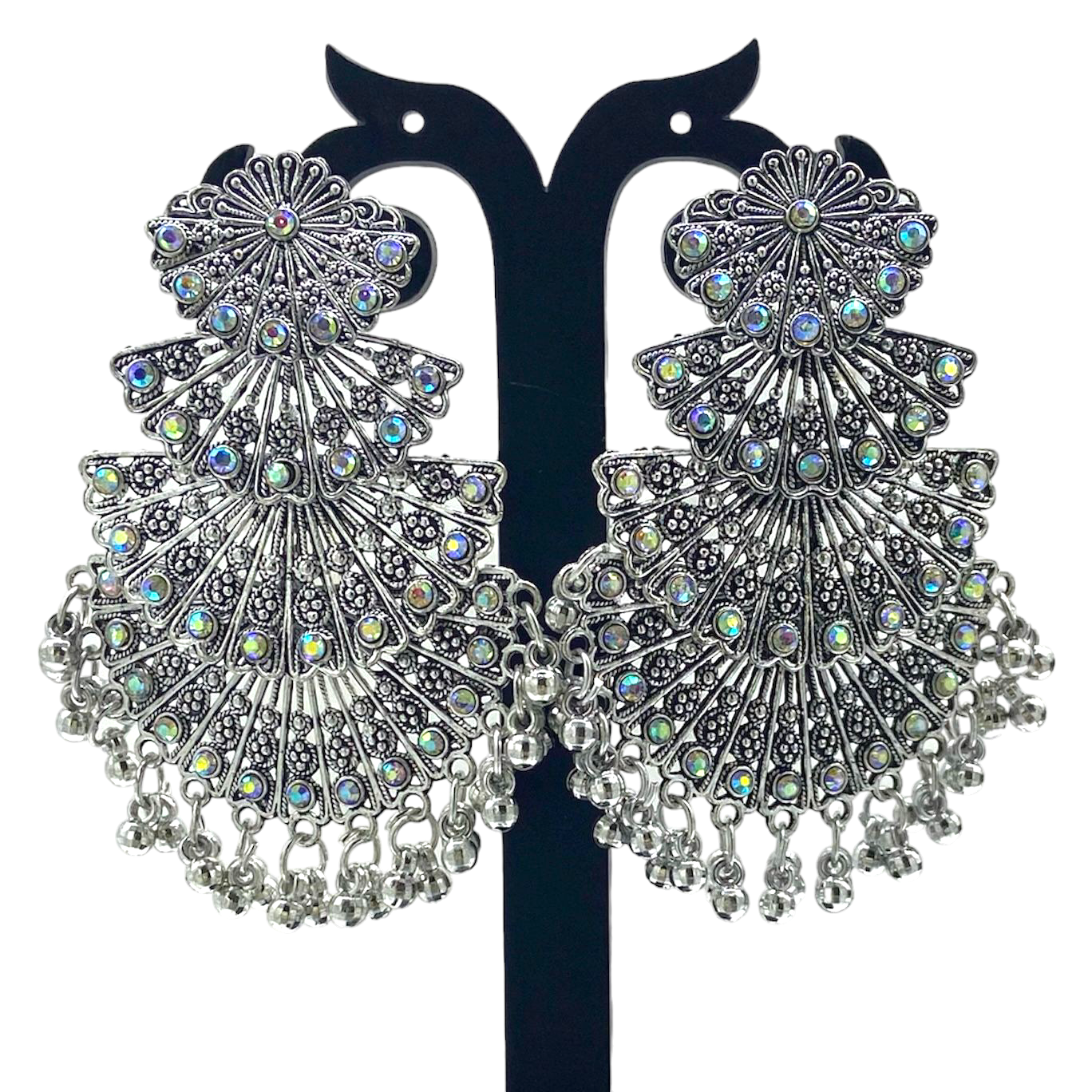 Four Step Diamond Studded Long Oxidised Earring