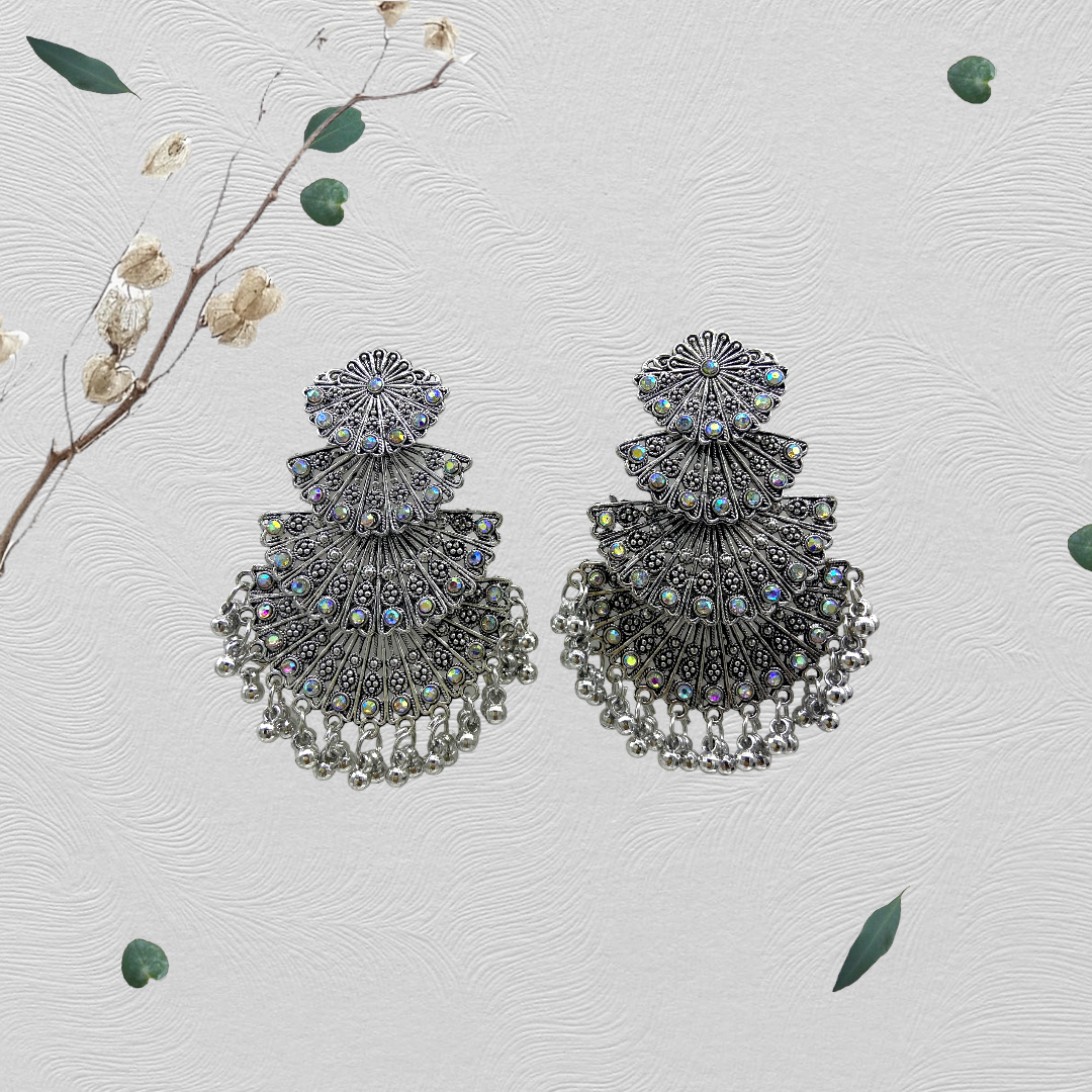 Four Step Diamond Studded Long Oxidised Earring