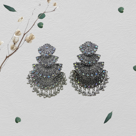 Four Step Diamond Studded Long Oxidised Earring