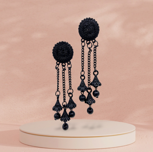 Circular Studded All Black Classy Dangling Earrings