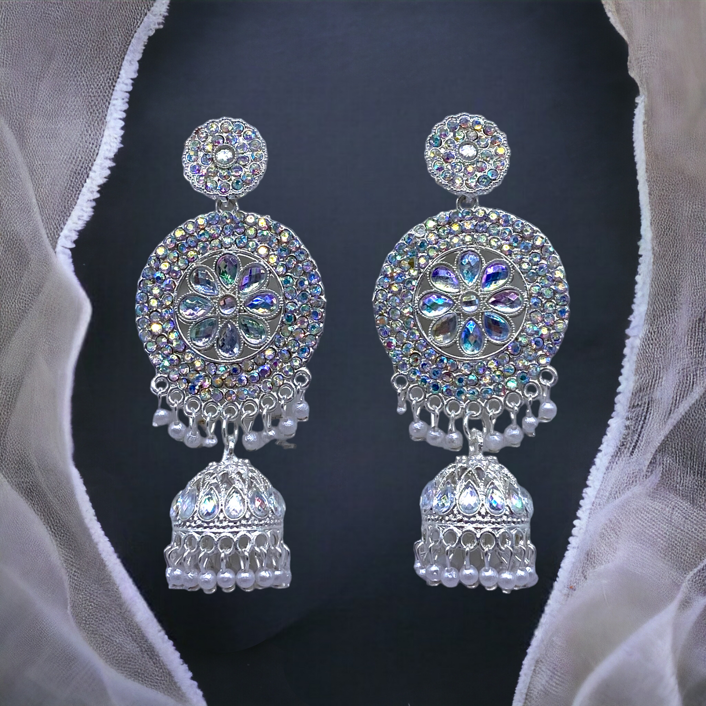 Circular Stone Studded White Gold Earring